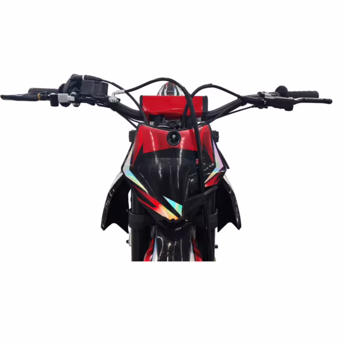 Guidão de motocross vermelho e preto, vista frontal.