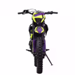 Vista frontal de una moto de cross amarilla y morada