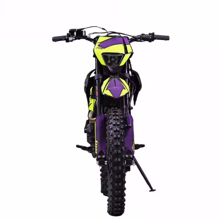 vista frontal de uma moto de motocross amarela e roxa