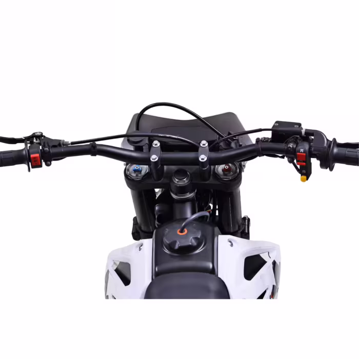 Manillar de motocicleta con controles y vista de la suspensión delantera