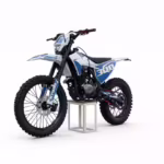 Blue and white 300cc dirt bike on stand