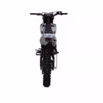 White and blue dirt bike rear view