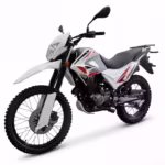White dual sport motorcycle with red graphics