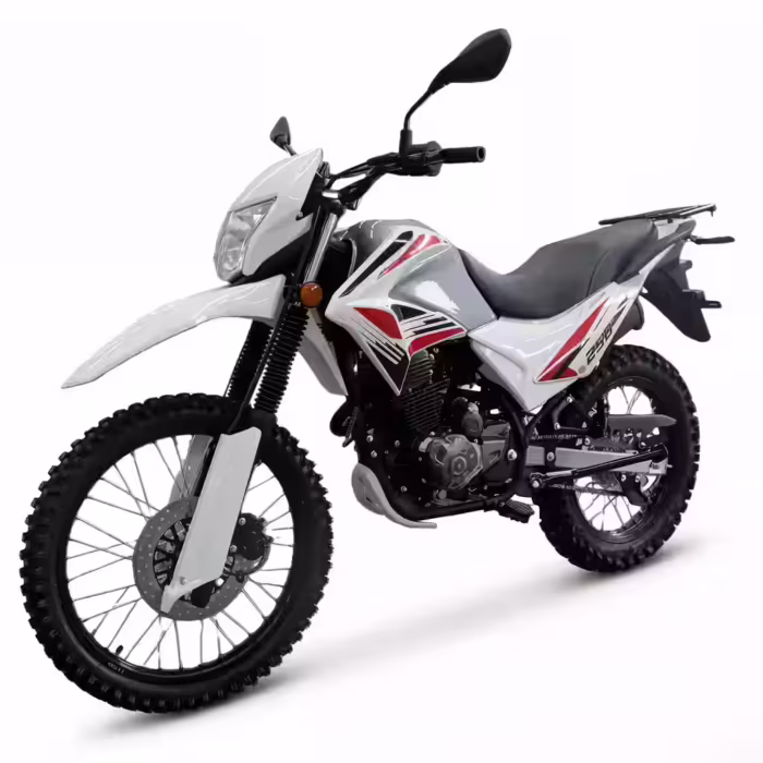 Motocicleta blanca de doble propósito con gráficos rojos