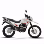 White dual-sport motorcycle with red accents side view