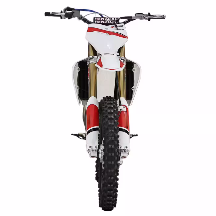 Vista frontal de una motocicleta todoterreno blanca y roja