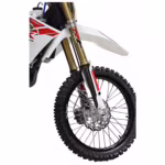 Dirt bike front wheel with gold suspension forks
