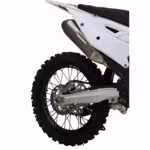 Dirt bike rear wheel with exhaust and swingarm