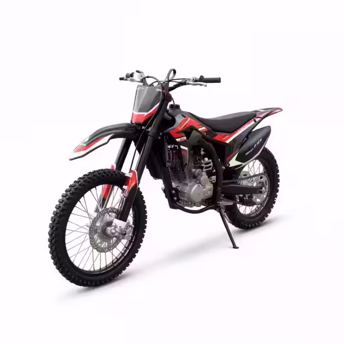 Foto de estúdio de moto de motocross preta e vermelha