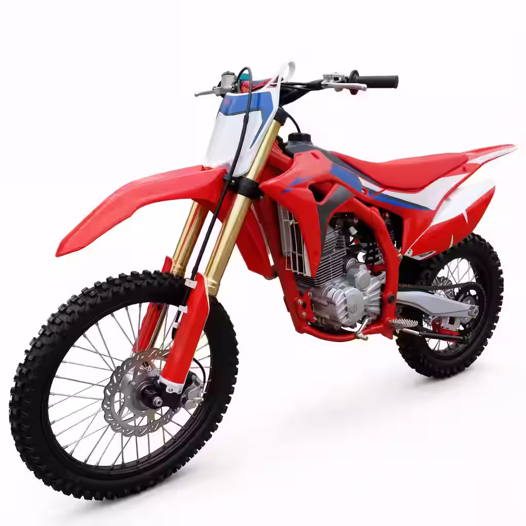 Red dirt bike with blue and white graphics