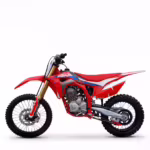 Red dirt bike with blue and white graphics