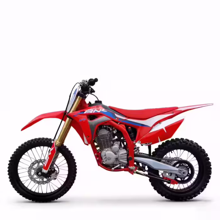 Moto de cross roja con gráficos azules y blancos