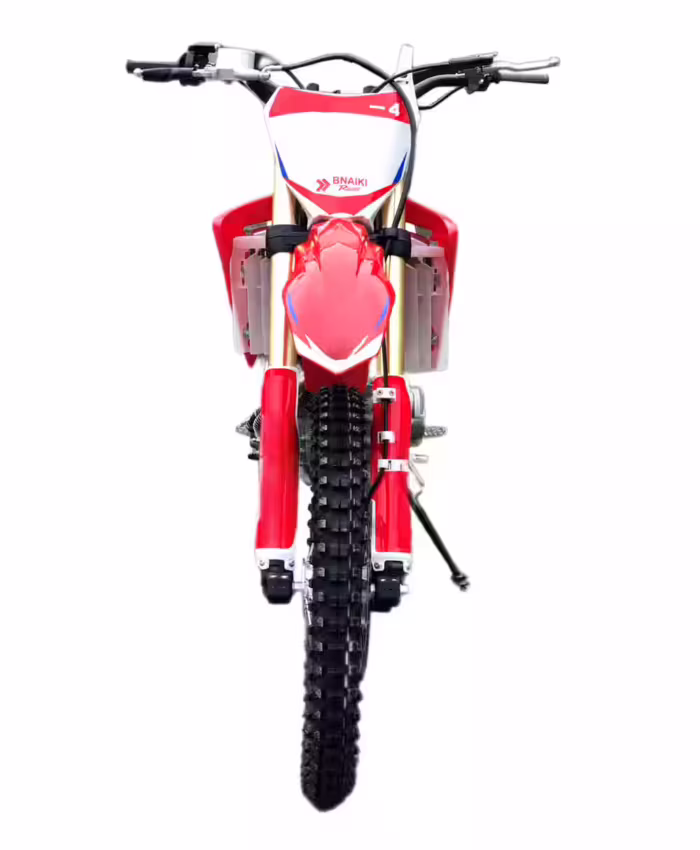 Vista frontal de una motocicleta todoterreno roja y blanca
