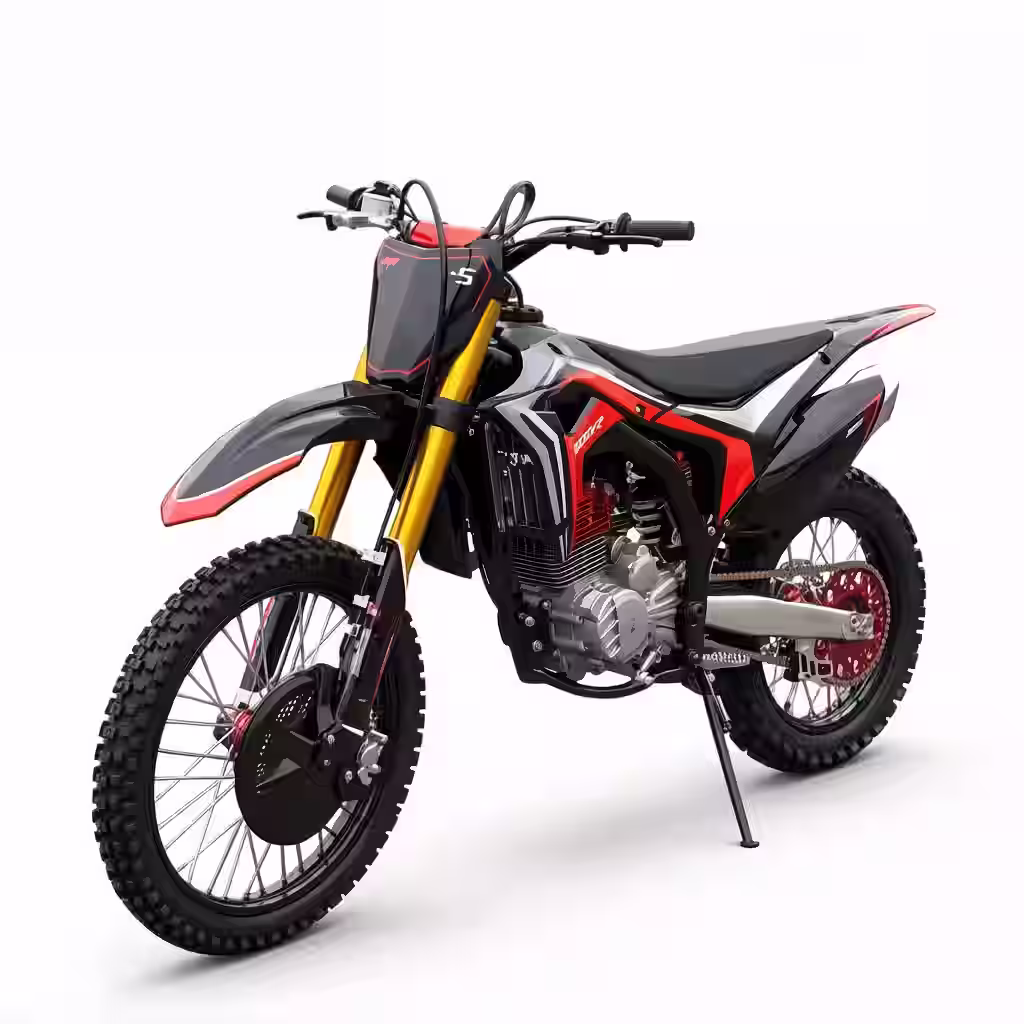 Moto de motocross preta e vermelha com garfos dourados