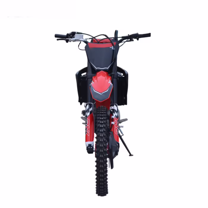vista frontal de uma moto de motocross vermelha e preta