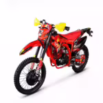 Red off-road dirt bike with yellow hand guards