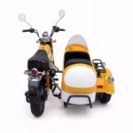 Yellow and white motorcycle with sidecar rear view