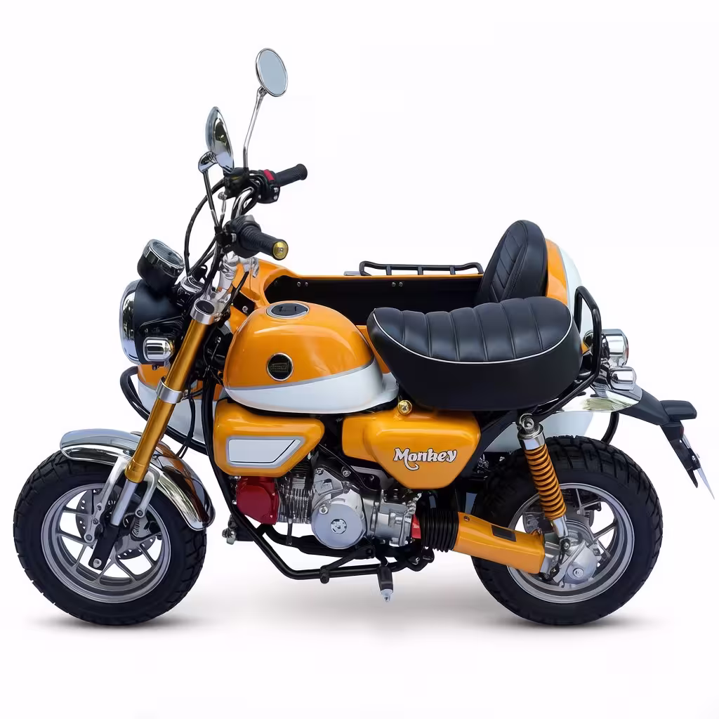 Yellow Monkey mini motorcycle with sidecar on white background
