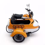 Orange and white three-wheel motorcycle with sidecar