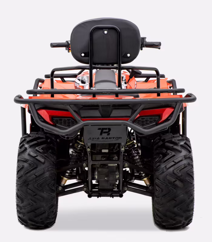 Vista traseira de um quadriciclo Asia Raptor ATV laranja.