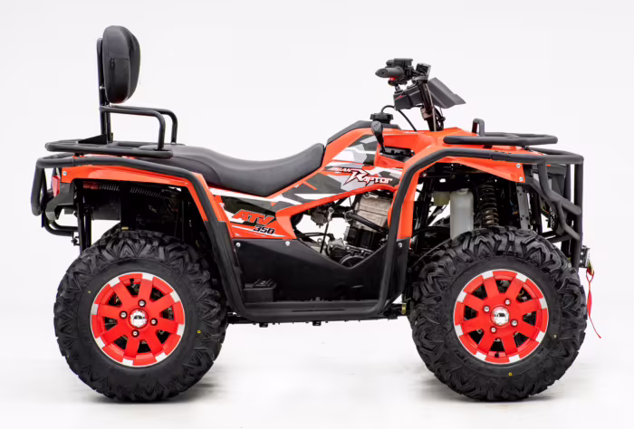 Quadriciclo ATV 350 laranja e preto, vista lateral.