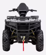 Front view of black ATV with winch and brush guard