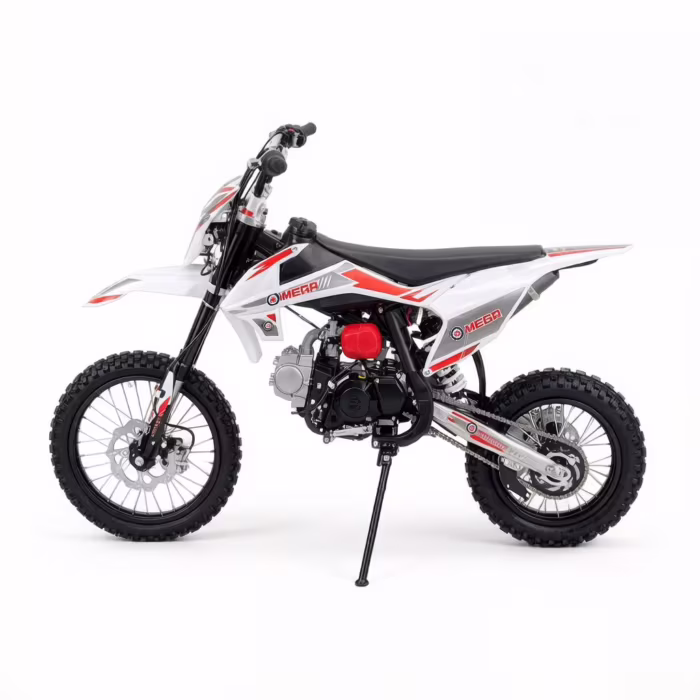 Moto de motocross MEGA branca e vermelha, vista lateral.