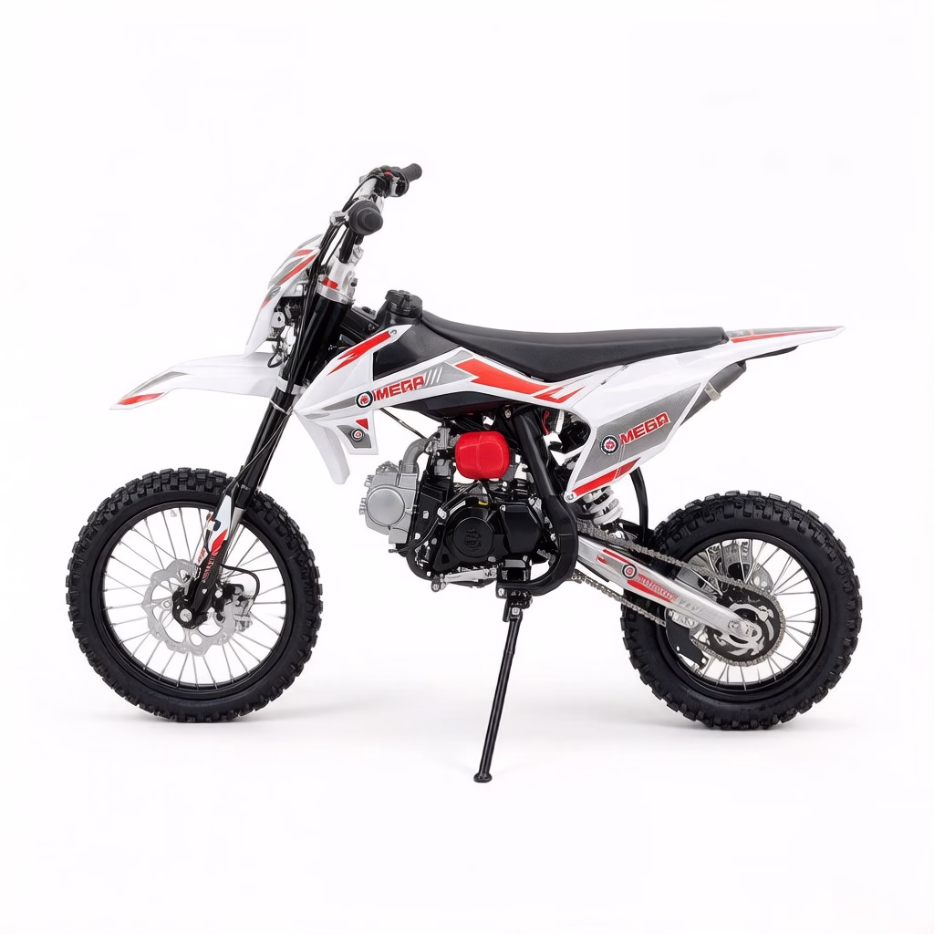 Moto de motocross MEGA branca e vermelha, vista lateral.