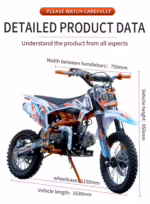 Moto de motocross infantil com dimensões e especificações detalhadas.