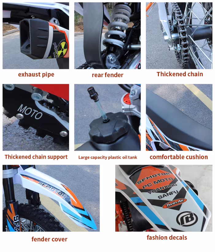 Collage de piezas de moto de cross que muestra detalles del escape, guardabarros, cadena y depósito.