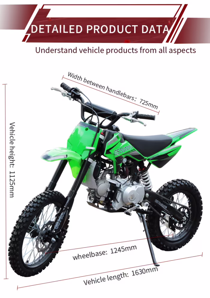 Moto de motocross verde com dimensões detalhadas do produto.