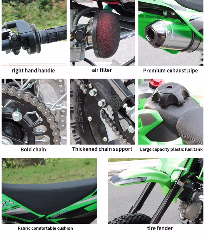 Colagem de peças de motocross mostrando guidão, filtro de ar, escapamento, corrente, tanque de combustível, banco e para-lama.
