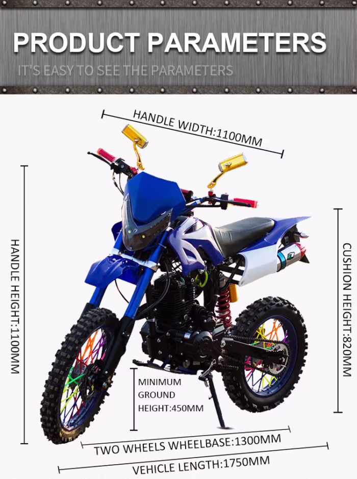 Moto de motocross azul com parâmetros e dimensões do produto.