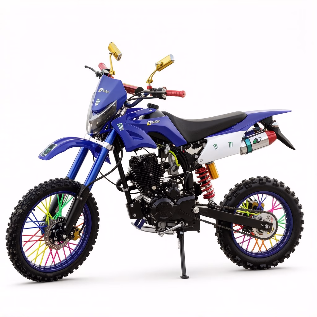 Moto de trilha azul com raios de roda coloridos