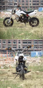 Motocicleta off-road branca, vista lateral e traseira ao ar livre.