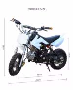 Mini moto de motocross branca com dimensões do produto