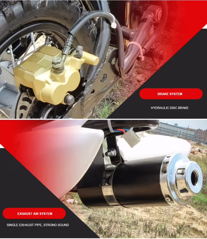 Detalles del sistema de freno de disco hidráulico y escape de la motocicleta