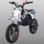 White and blue electric dirt bike with black seat
