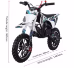 White electric dirt bike with blue graphics and dimension labels