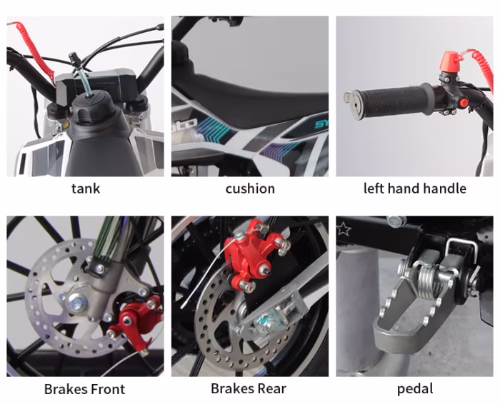 Diagrama de las piezas de la motocicleta que muestra el depósito, el asiento, el manillar, los frenos y el pedal.
