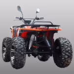 Red ATV rear view showing suspension and tires