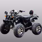 Black four-wheel ATV with dual headlights and alloy wheels