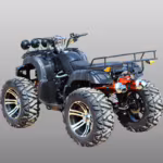 Black ATV quad bike with large tires and rear rack
