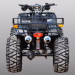Rear view of black ATV with dual exhaust pipes