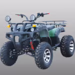 Green utility ATV with front rack and headlights