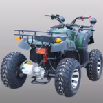 Rear view of green electric ATV with cargo rack