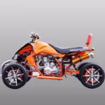Orange three-wheeled motorcycle with exposed engine