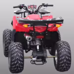 Vista trasera de un ATV rojo que muestra el escape y la suspensión.