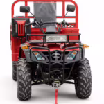 Red utility ATV with cargo bed front view