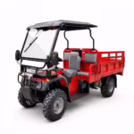 Red utility vehicle with cargo bed and roof